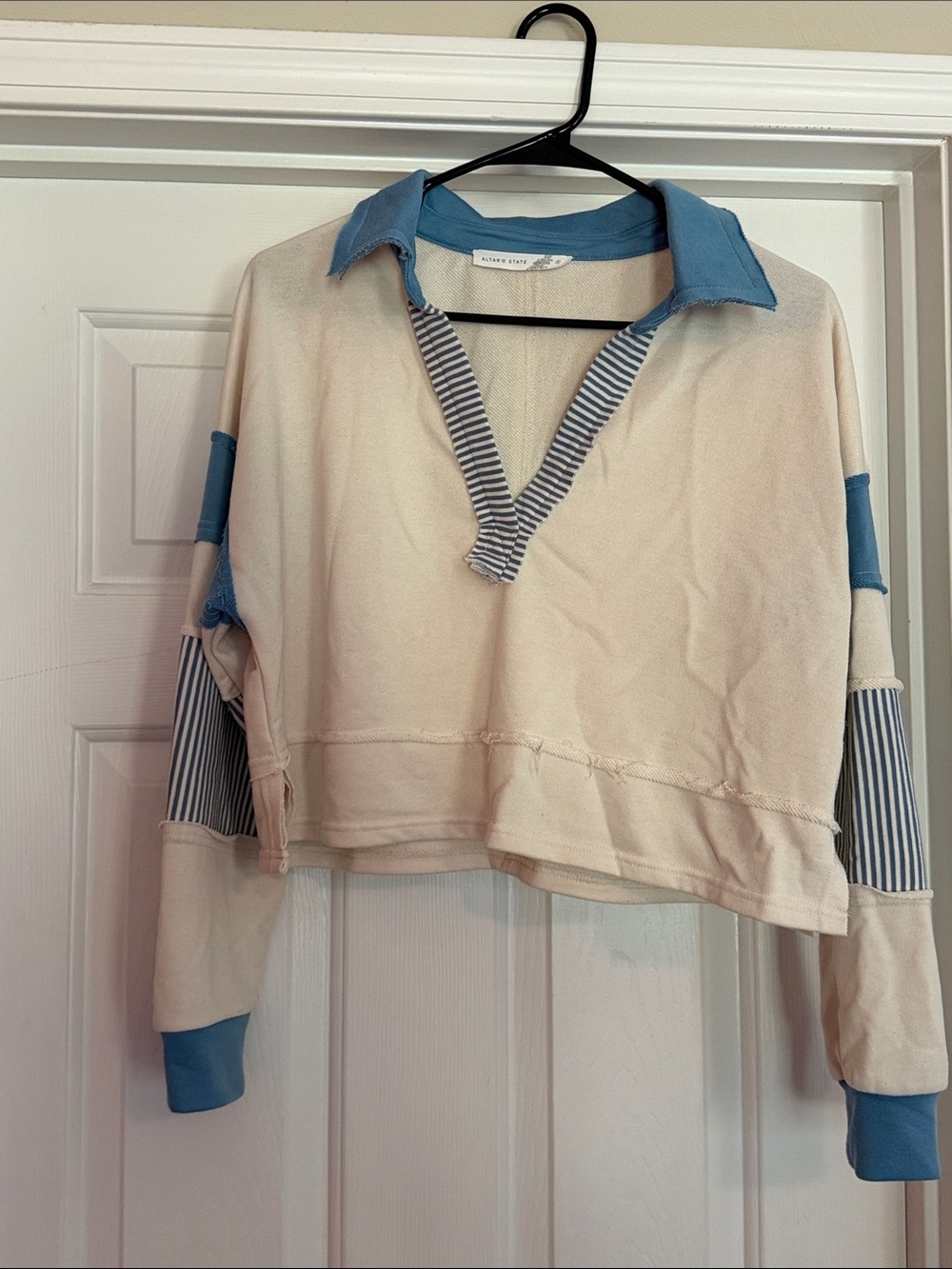 Altar'd State Cream Cropped Pullover with Blue Collar & Cuff Accents